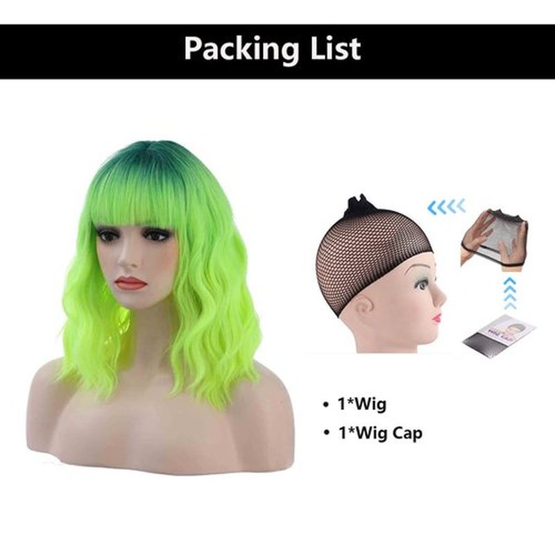 MAGQOO Green Wig Neon Green Wig Ombre Green Wig Women St Patricks Days Wig Ombre Neon Lime Green Bob Wig Short Curly Lime Neon Green Wig with Bangs Synthetic Heat Resistant