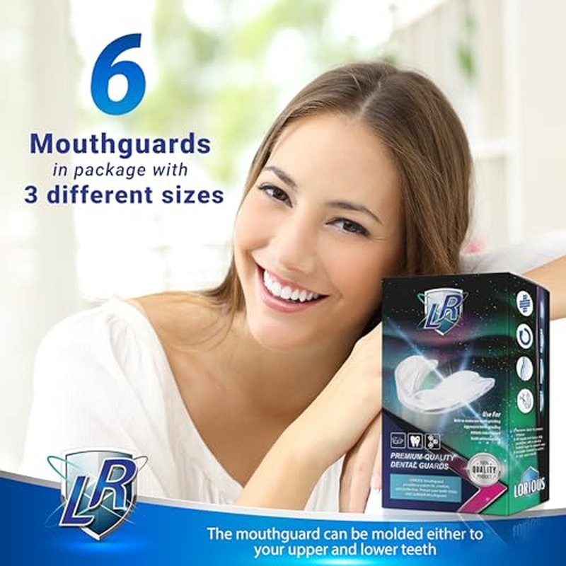 LORIOUS Mouthguard - 3 Different Sizes Premium Set of 6 BPA Free Moldable, Customizable, Trimmable Dental Grade Mouth Guard for Grinding Teeth Clenching Bruxism, Dental Night Guards for Teeth Grinding