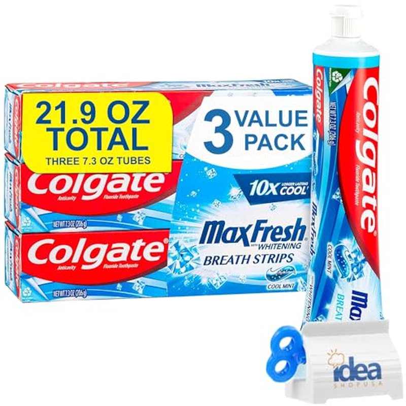 Max Fresh Toothpaste with Mini Breath Strips, Cool Mint - 3 Large Tubes of 7.3 oz (Total 21.9 oz) Fights Cavities, Whitens Teeth, Long-Lasting Freshness Bonus Idea Shop USA Toothpaste Squeezer
