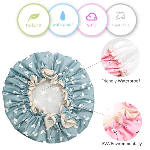 Double Layer Shower Cap for Women Waterproof Reusable Elastic Band, Ruffled Edges Covering Ears for Long, Short & Curly Hair (Blue Bird)