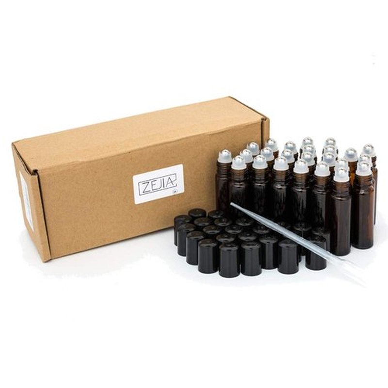 ZEJIA 10ml roller bottles for essential oils, 24 Pack Roll on Bottles, Amber Thick Glass Roller Bottles for Oils, with Stainless Steel Roller Balls, 2 Droppers