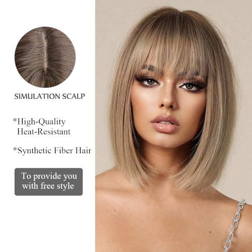 OUFEI Ombre Blonde Bob Wigs for Women Short Straight Wig with Bangs Synthetic Hair Heat Resistant Wigs for Daily Party Cosplay Wear