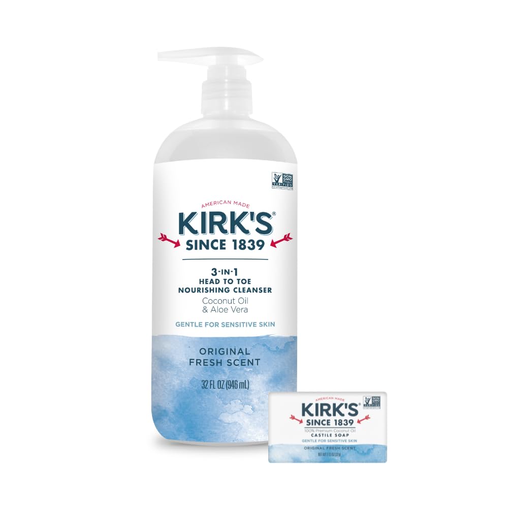 Kirk's Original Fresh 3-in-1 Nourishing Cleanser and Travel Bar Soap, Shampoo Body Wash Bubble Bath, Coconut Oil and Aloe Vera, Vegan Non-GMO, 32 Fl Oz