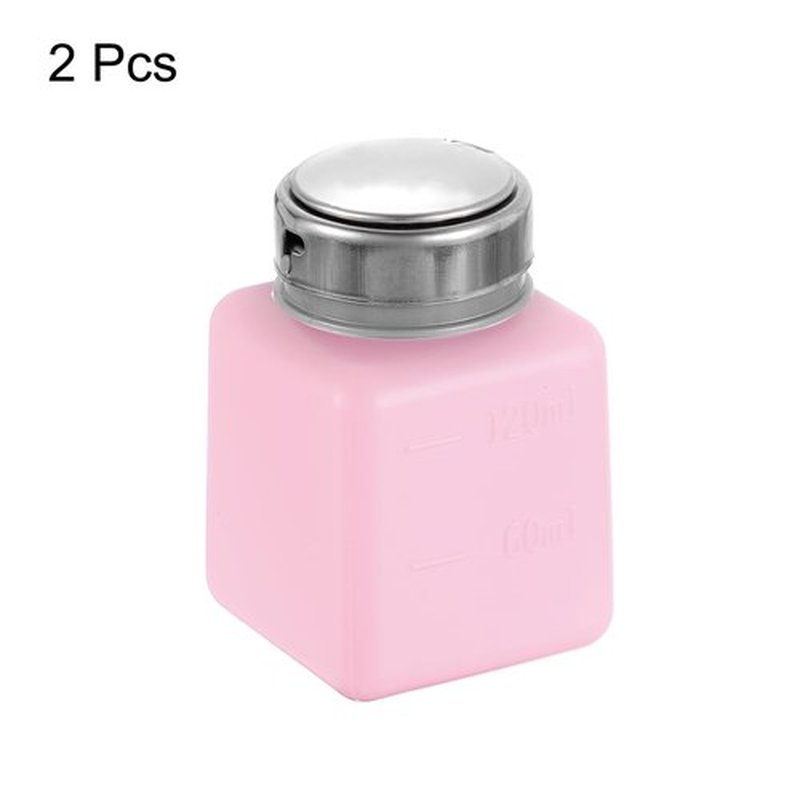 HARFINGTON 2pcs Solvent Alcohol Dispenser 120ml(4oz) Nail Polish Remover Push Down Liquid Dispenser Pump Bottle with Stainless Steel Press Head for Acetone Cleanser Polish Remover, Red