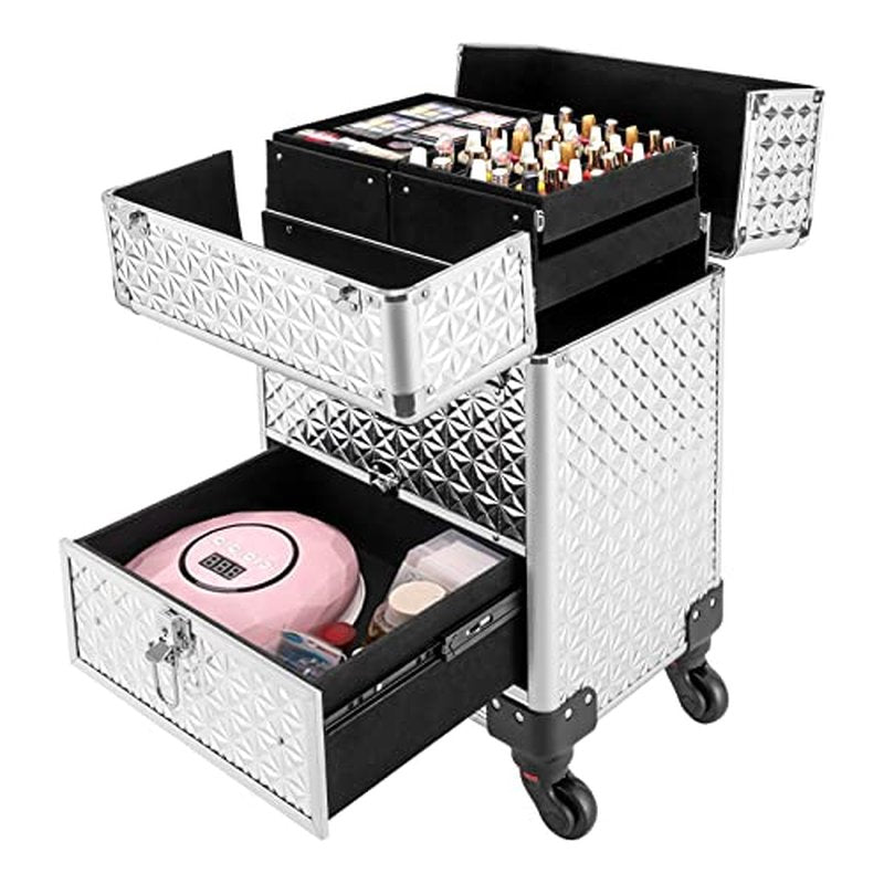 Rolling Makeup Train Case with Drawers, Cosmetic Travel Trolley, Storage Sliding Drawer 4 Tray Cosmetics Beauty Organizer Lockable Luggage Trolley (Silver)