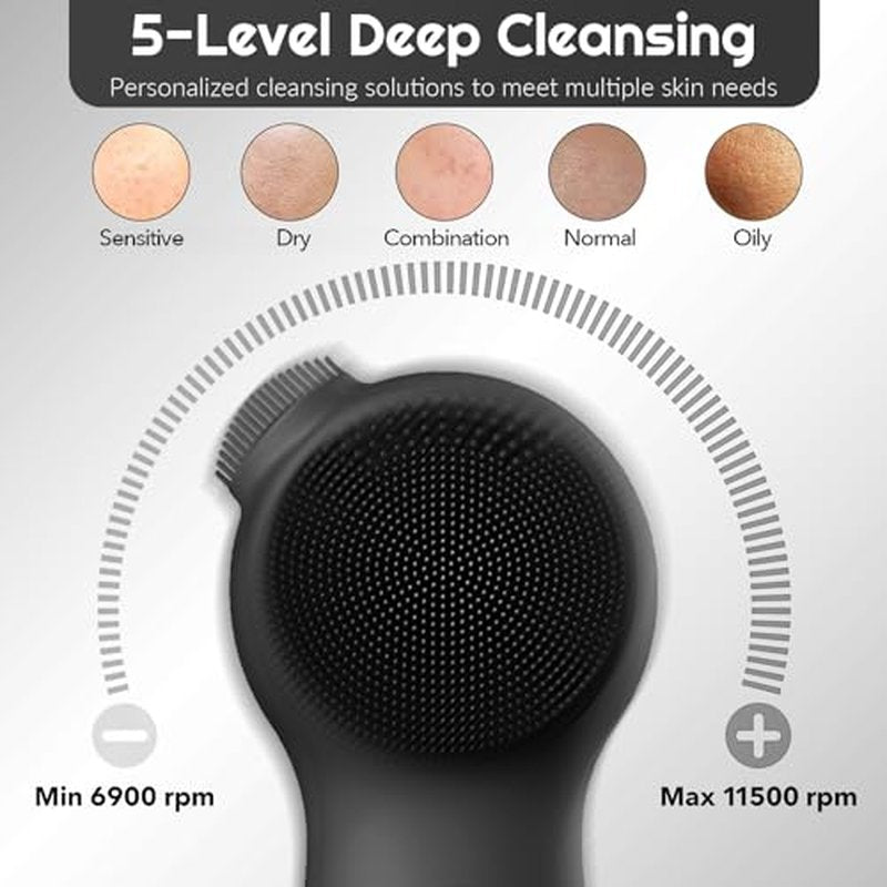 ADINC Silicone Face Scrubber, Facial Cleansing Brush Rechargeable & IPX7 Waterproof for Men & Women, 5 Cleansing Modes with Nose Brush, Face Scrubber Exfoliator with Red & Blue Light Massager