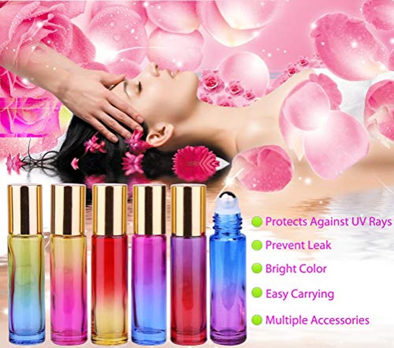 inice 12 Pack,Roller Bottles Gradient Color Glass Bottle for Essential Oils Applicator,10ml Roll on Bottle with Golden Metal Cap for Daily Care