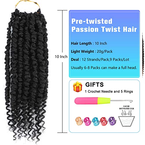 Pretwisted passion twist hair, 8 Inch 9 Packs Passion Twist Crochet Hair,Soft Black Pre Twisted and Looped Crochet Hair For Women Short Black Curly Crochet Twists Braids(8",1B#)