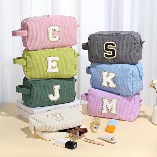 YOOLIFE Makeup Bag for Teen Girls - Cute Travel Makeup Bags Skincare Bag Corduroy Cosmetic Bag Personalized Gifts for Women Her Mom Daughter Sister Birthday Gifts for Women Girls Her Gifts Letter T