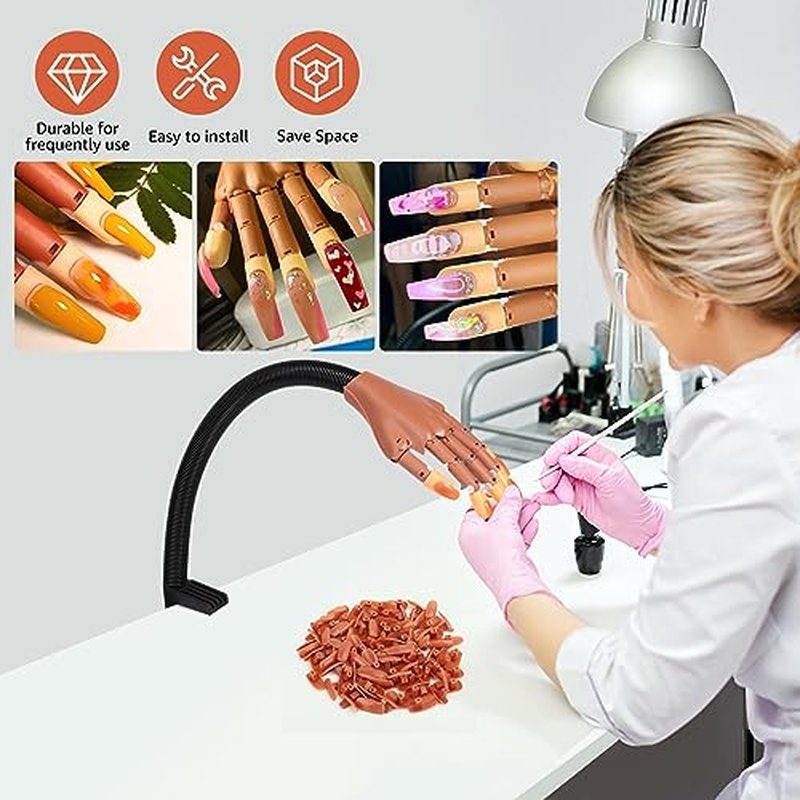 Nail Training Hand for Acrylic Nails, Fake Hand for Nail Practice,Flexible Adjustable Maniquin Hand with 300pcs Nail Refilled Tips for DIY Nail Manicure Supplies Kit