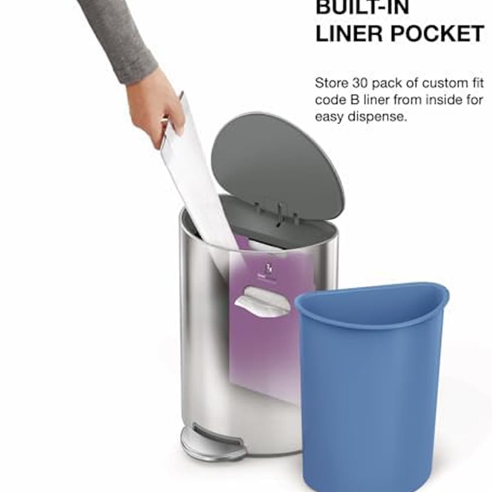 simplehuman Semi-Round Step Can, 6L / 1.6 Gallon Bathroom Trash Can, Liner Pocket®, Sleek Internal Hinge, 150,000-Step Pedal, Lid Shox® Silent Close, Brushed Stainless Steel