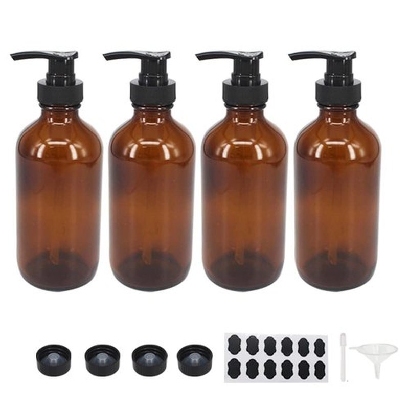 BPFY 4 Pack 8 oz Amber Glass Pump Bottles, Boston Round Bottles with Pumps for Lotion, Soap, Massage Oils, Refillable Containers with Caps