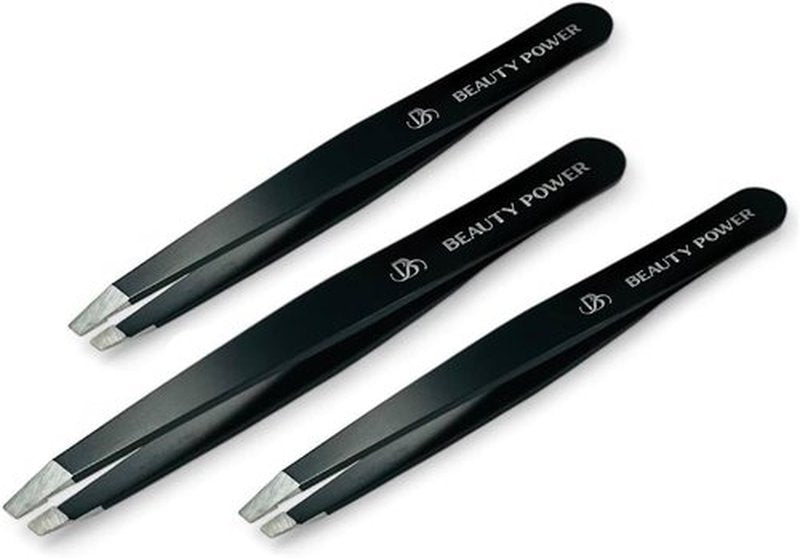 Beauty Power Professional Tweezers Set of 3 - Slant, Durable Lightweight German Stainless Steel, Ultra Precision Tweezers for Eyebrows, Facial Hair, Chin, Ingrown Hair Removal (Matte Black/Set of 3)