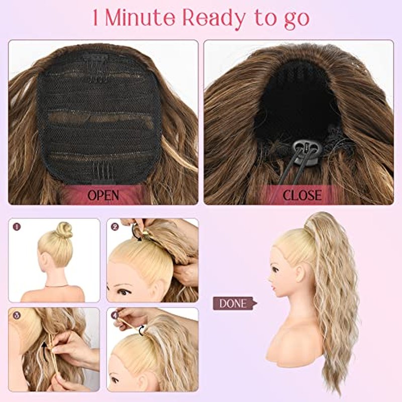 HOOJIH Ponytail Extension, Drawstring Ponytail Hair Extensions 22 Inch Long Curly Wavy Ponytail Natural Wavy Synthetic Hairpiece for Women Daily Use - Black Brown
