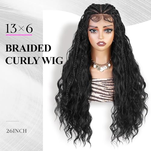 quickwig Braided Curly Wig for Black Women 13x6 Handmade Cornrow Braids Wig Boho Fulani Braid 26 Inch Glueless Black Long Curly Synthetic Wigs 2-in-1 Versatile Style Lace Front Wigs with Baby Hair 1B