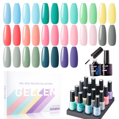 Gellen Gel Nail Polish, 16 Colors Gel Nail Polish Set, Need U V Cured Gel Nail Polish Set for Gift, Including Gellen Gel Base and Top Coat for Nails Prep