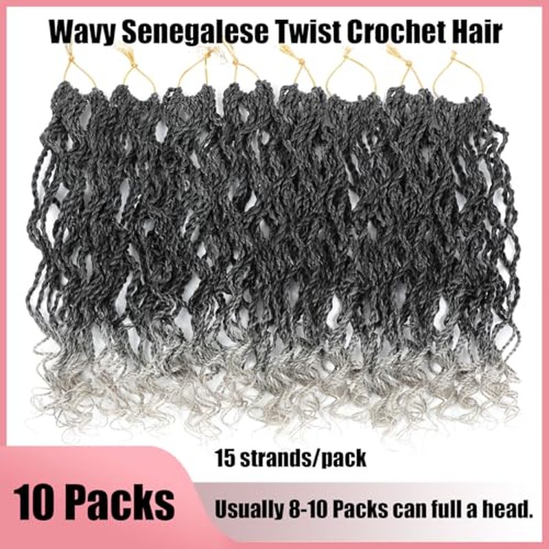 Wavy Senegalese Twist Crochet Hair For Black Women 8 Inch 10 Packs Senegalese Twist Braiding Hair Crochet Twists Pre Looped Twist Crochet Hair Curly Crochet Twist Hair With Curly Ends(1B#)