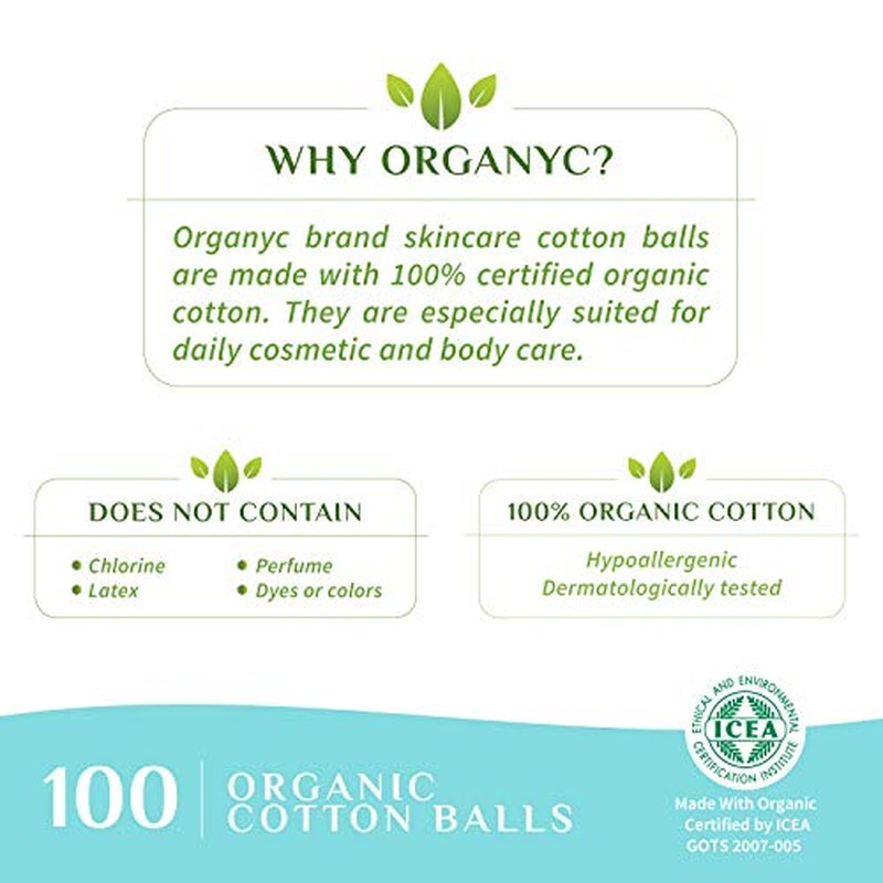 Organyc 100% Organic Cotton Balls for Sensitive Skin, 100 Count (Pack of 2)