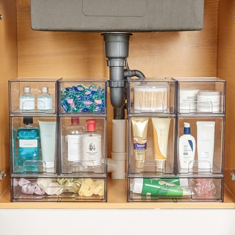 Vtopmart 7.6" H Clear Stackable Storage Drawers, 2 Pack Plastic Organizers Bins for Skincare, Cosmetics,Beauty Supplies,Ideal for Vanity, Bathroom,Kitchen Countertop,Cabinet Organization