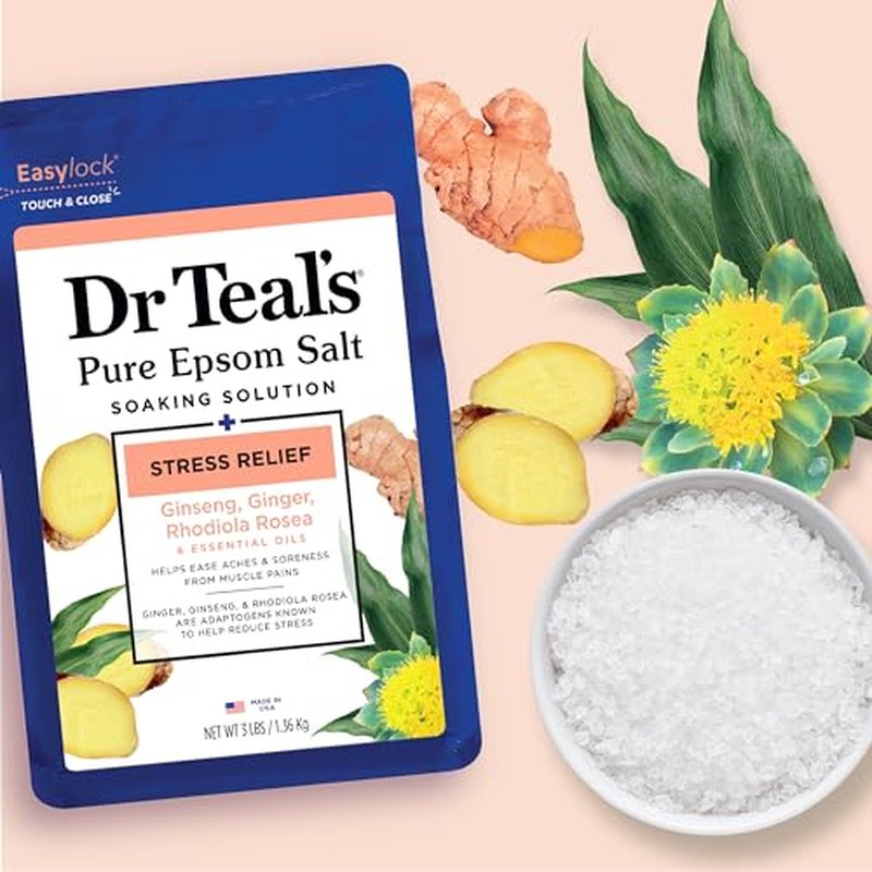 Dr Teal's Epsom Salt Magnesium Soak, Salt Stress Relief with Ginseng & Ginger Essential Oils, 3 lbs (Pack of 4)