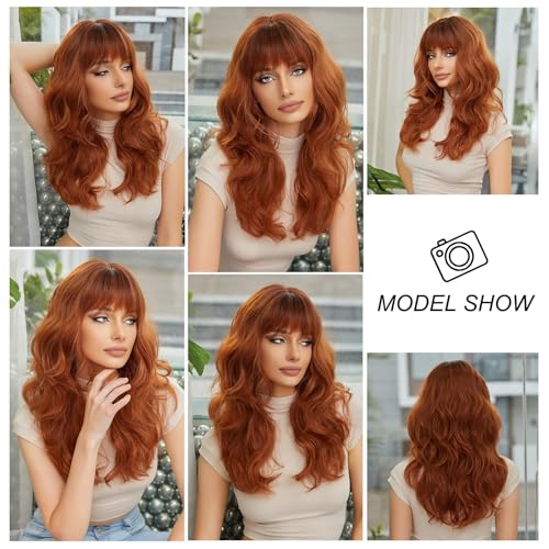 Esmee Long Wavy Wine Auburn Wigs for Women Natural Synthetic Hair Heat Resistant Wigs with Bangs for Daily Party Cosplay Use 22 Inches