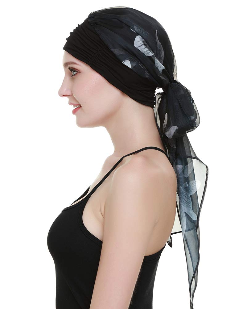 Chemo Caps for Women Light Weight Cancer Scarf Feminine Head Cover for Long Hair Girls White Flowers