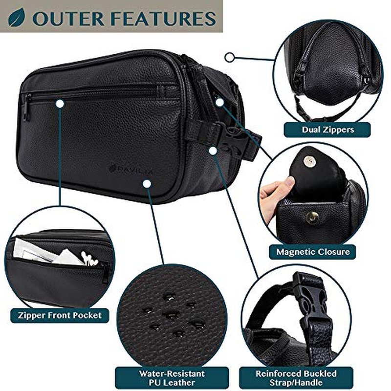 PAVILIA Toiletry Bag for Men, Travel Essentials Shaving Dopp Kit, Mens Travel Bag Toiletries Organizer Case for Grooming, PU Leather Water Resistant Cosmetic Bag Pouch (Black)