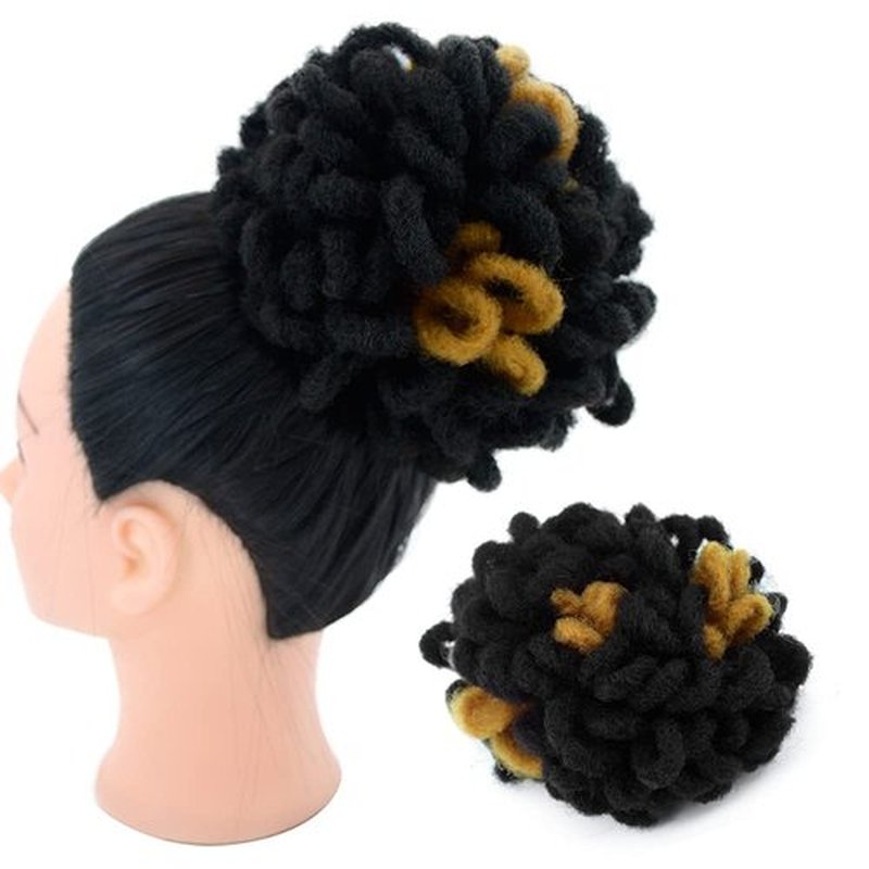 Dreadlocks Bun Afro Puff Drawstring Ponytail Hair Chignon Nu Locs Braids Bun Synthetic Clip in Hair Extensions for Black Women Girls(1B&27#)