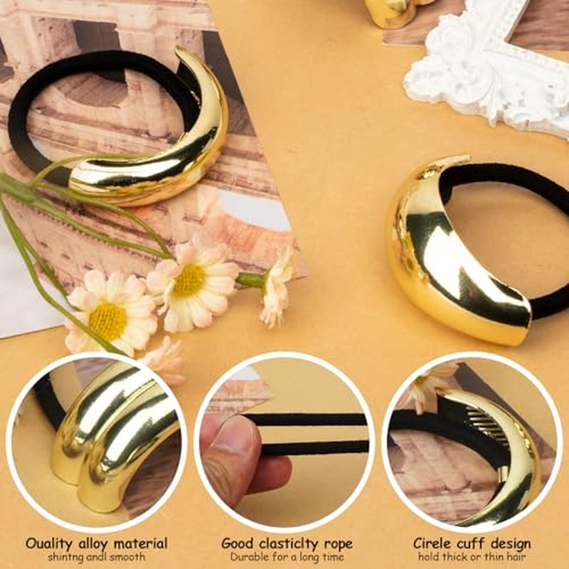 Gold Hair Cuffs 3PCS Gold Ponytail Cuff Hair Tie for Women Metal Hair Cuff Wrap for Thick Hair Cute Geometric Hair Accessories