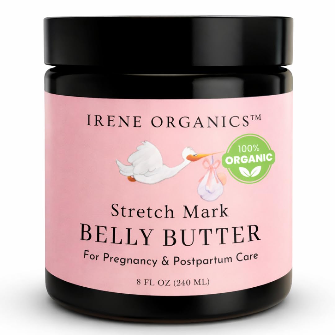 Irene Organics Organic Belly Butter for Pregnancy Stretch Mark Prevention and Treatment Award Winning Anti Stretch Mark Tummy Balm For Pregnancy and Postpartum 8oz - Hydrating Bump Cream