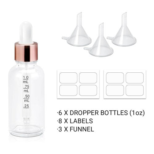 UMETASS 1oz Glass Dropper Bottle with Glass Pipette, 30ml Glass Eye Dropper Bottles Leakproof Glass Tincture Bottles for Travel Essential Oils (6pcs-Clear)