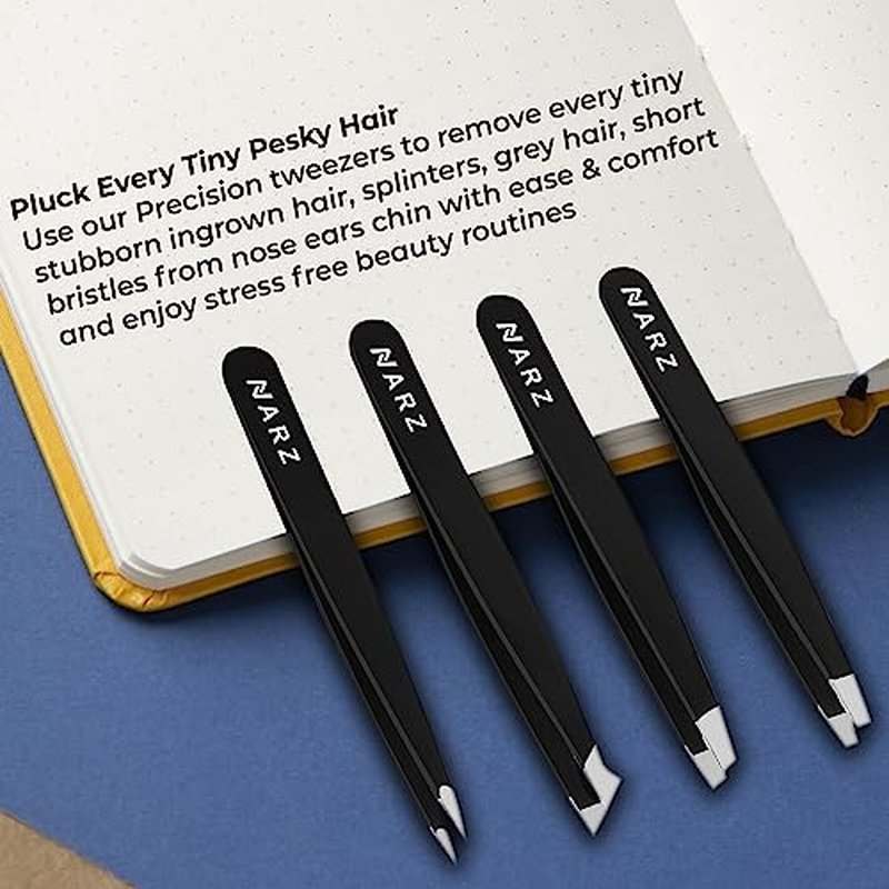 NARZ 4Pcs Professional Tweezers for Women Facial Hair Stainless Steel Precision Tweezers for Ingrown Hair Eyebrow Tweezer for Men & Women (Black Set)