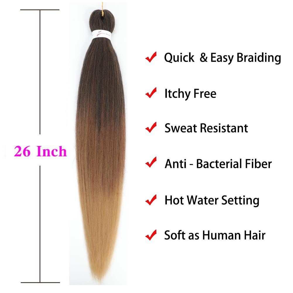 Ombre Braiding Hair Pre Stretched 26 Inches Ombre Brown 8 Packs/Lot Braid Hot Water Setting Professional Synthetic Braiding Hair for Crochet Hair Extensions (8Pcs,#1b/30/27)