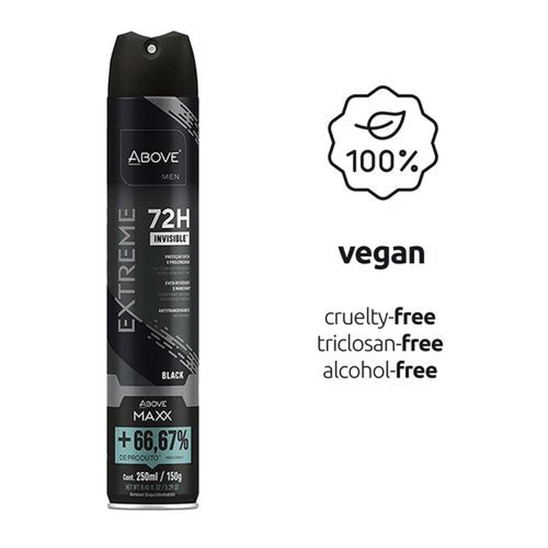 ABOVE Mens Deodorant Antiperspirant, 72 Hours (Extreme Men Black MAXX) -Protects Against Sweat & Body Odor - Dry, No Stain & Moisturizing Instant Freshness - Deodorant Spray, Alcohol Free - 5.29 oz