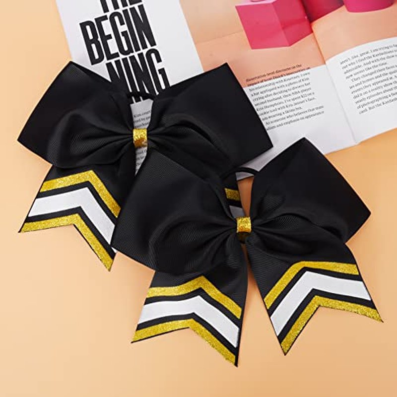 DEEKA 8PCS Large Glitter Cheer Bows Shiny 7" Cheer Hair Bows Ponytail Holder Handmade for Cheerleader Girls Softball Sports -Gold/Black