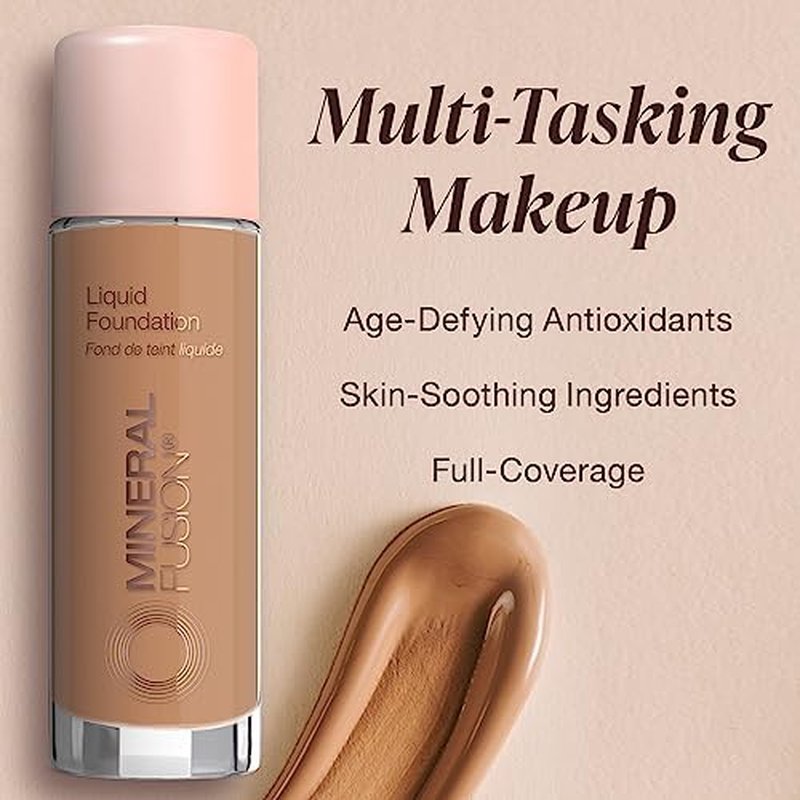 Mineral Fusion Full Coverage Foundation, Liquid Foundation - Deep 3- Tan to Deep Complexion w/Golden Undertones, Lightweight Matte Finish, Up to 12 Hr Hydration, Hypoallergenic & Vegan, 1 fl. oz