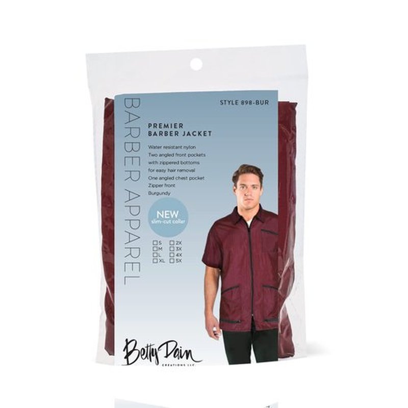 Betty Dain Premier Barber Jacket, Soft, Lightweight, Water Resistant Nylon Repels Hair, Zippered Front, Two Angled Lower Pockets with Zippered Bottoms, Angled Chest Pocket, Burgundy, 4X