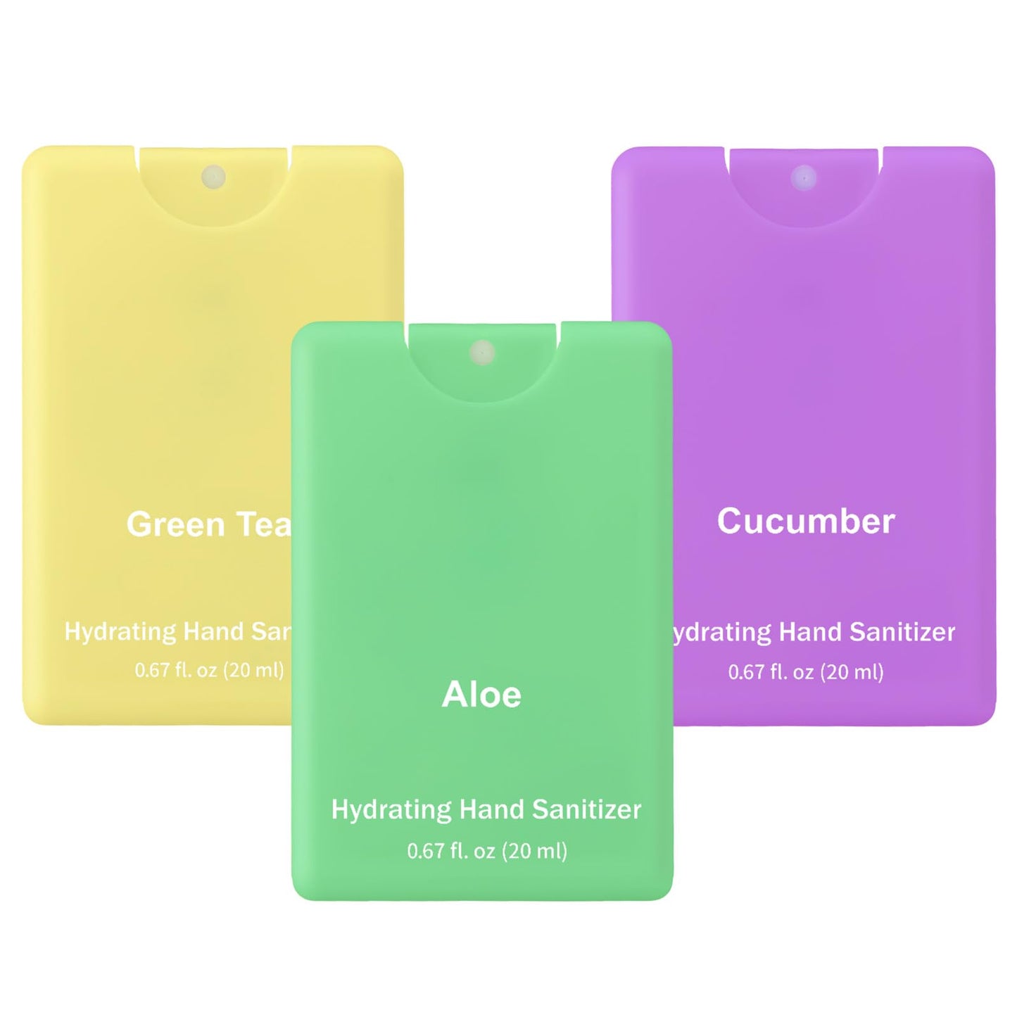 Dansib Set of 3 Power Mist Hydrating Hand Sanitizer Spray Bulk Travel Size Refreshing Hand Sanitizer 0.67 Fl. oz Compact Card Spray Bottle Aloe Green Tea Cucumber Scent for Adult Backpack Purse Pocket