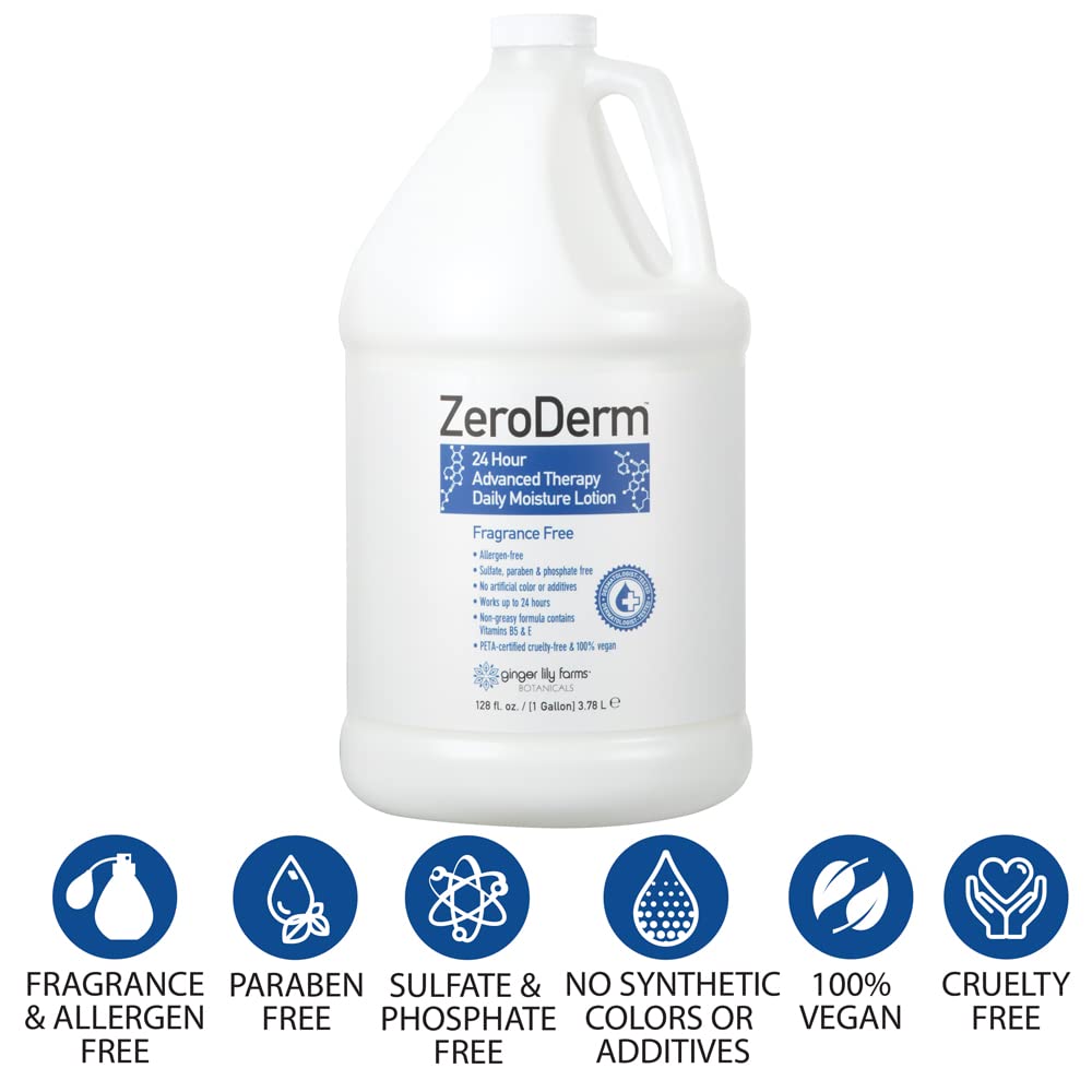 Ginger Lily Farms Botanicals ZeroDerm 24 Hour Advanced Therapy Daily Moisture Lotion, Allergen-Free, 100% Vegan & Cruelty-Free, Fragrance Free, 1 Gallon (128 fl. oz.) Refill