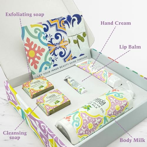 Olive Oil Body Essentials Kit by Garcia de la Cruz Extra Virgin Olive Oil Infused Skin Care Gift Set includes Body Milk, Lip Balm, Hand Cream, and 2 Soaps
