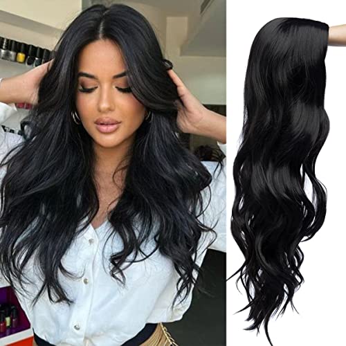 RicHyun Black Wig Long Curly Wavy Black Wig Middle Part Cosplay Wig Synthetic Heat Resistant Costume Halloween Wigs for Women Girls (Black)