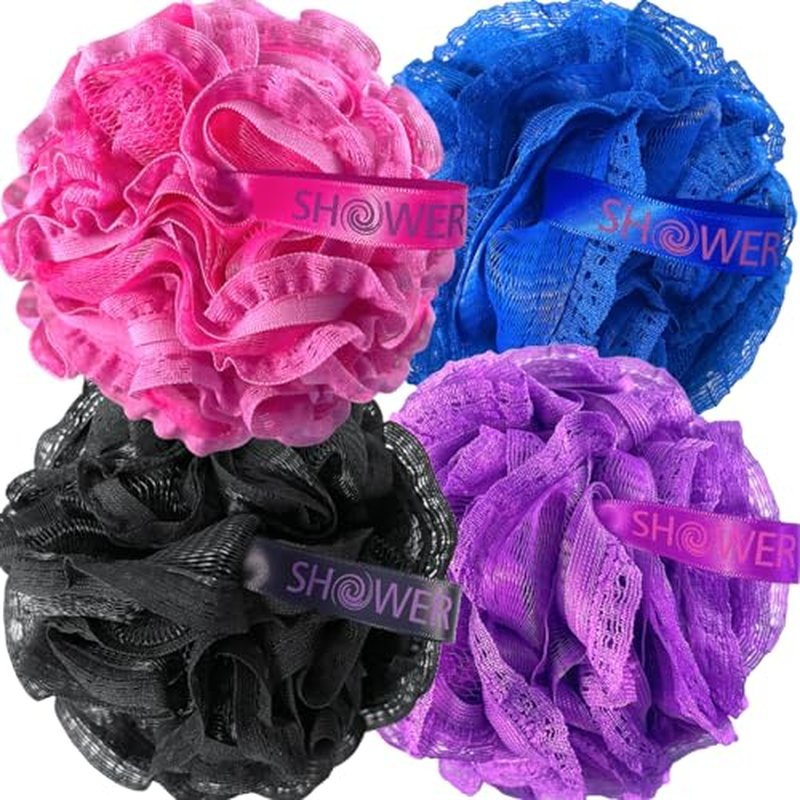 Loofah-Bath-Sponge Hot-Lacey-Mesh >> 4-Sexy-Lace-Colors by Shower Bouquet: 2-Scrubs-in-1 Large Full 60g Pouf Body Luffa Loofa Loufa Puff - Exfoliate, Cleanse Skin with Luxurious Bathing Accessories