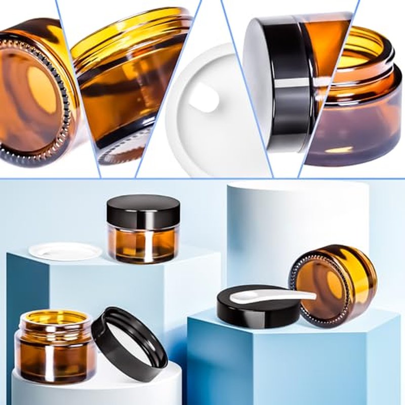 MotBach 6 Pack 1 oz Glass Jars with Lids 60ml Mini Round Clear Glass Jars with Inner Liners and Spatulas, Travel Size Containers Jars for Toiletries Creams Makeup Cosmetic Sample Lotion (Amber Lid)
