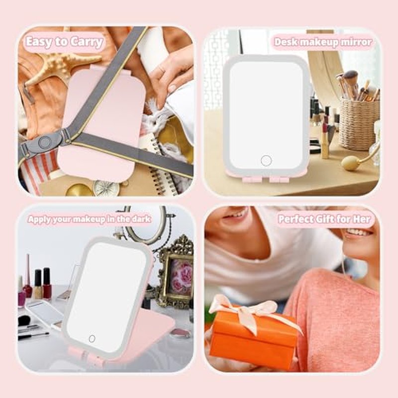 Puiuisoul Travel Makeup Mirror, Portable Mirror with Light, 3 Adjustable Light Settings USB-Rechargeable Vanity Mirror for Bedroom, Office, Home, Gift for Women and Girls (Pink)