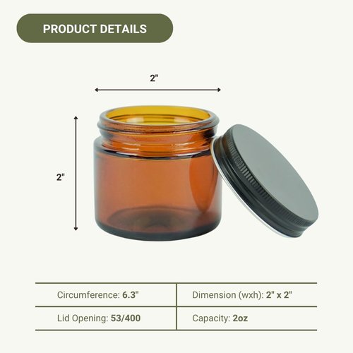 Nature Packaged Glass Amber 2oz Jar - 12 Packs, Empty Round Jars For Beauty Products, Lotion, and Powders - Black Lid - Small Candle Jars