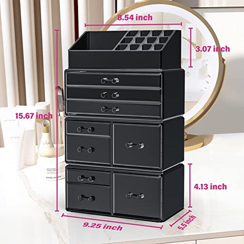 DreamGenius Makeup Organizer 4 Pieces, Acrylic Makeup Storage Box with 9 Drawers for Lipstick Jewelry and Makeup Brushes, Stackable Vanity Organizer for Dresser and Bathroom Countertop, Black