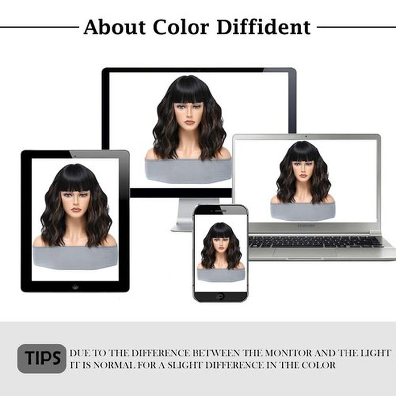 MeaYOO Black Mixed Brown Bob Wig with Bangs for Women,Shoulder Length Brown Highlight Synthetic Bob Wavy Wig,Natural Looking Heat Resistant Fiber Curly Wigs for Daily Party Use,Cosplay 1B/30 Mix Wig