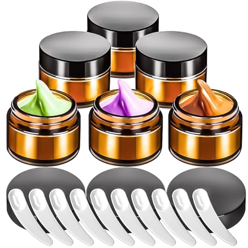 MotBach 6 Pack 1 oz Glass Jars with Lids 60ml Mini Round Clear Glass Jars with Inner Liners and Spatulas, Travel Size Containers Jars for Toiletries Creams Makeup Cosmetic Sample Lotion (Amber Lid)
