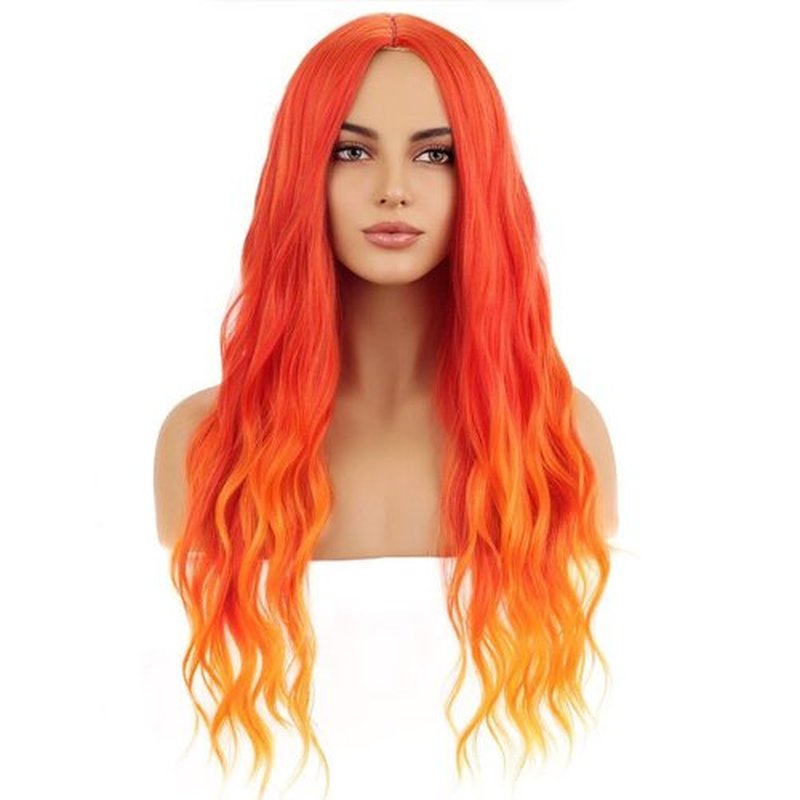 BERON Orange Wig Long Curly Wig Flame Color Wig Long Wavy Charming Full Synthetic Fire Wigs for Women Girls Long Curly Wigs Ombre Orange Wig with Wig Cap