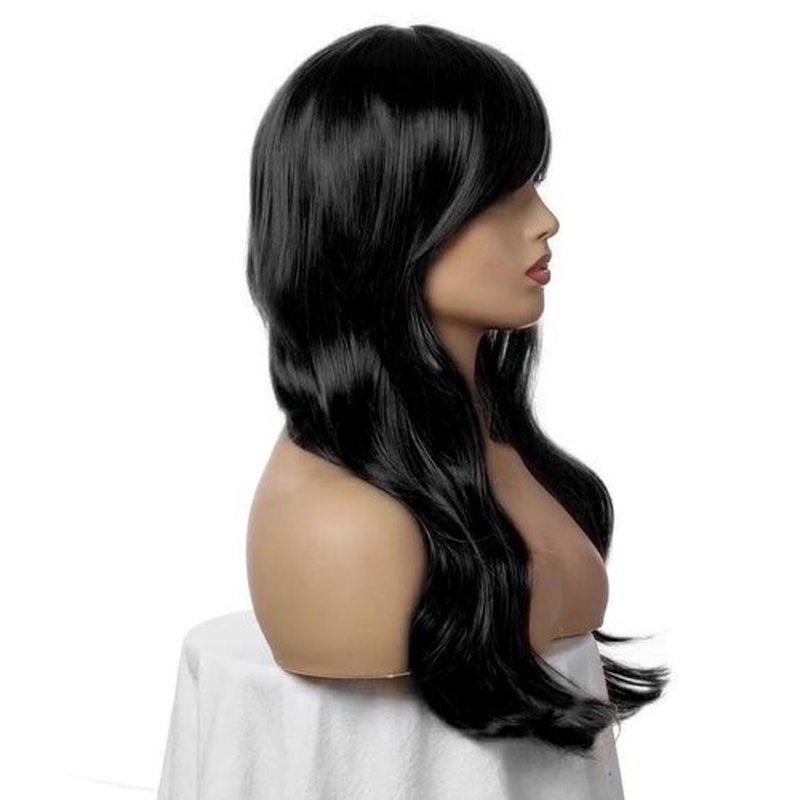 Luhuanx Wigs for Women Girls Long Wavy Heat Resistant Fiber Wigs Side Bangs Cosplay Party, Women's Wigs with Bangs Long Fluffy Curly Wavy (Black)